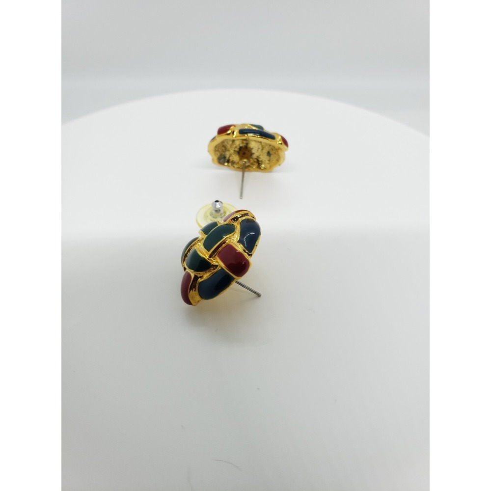 Vintage Green Red Enameled Gold Tone Woven Style Round Stud Earrings Jewelry - Picture 7 of 8